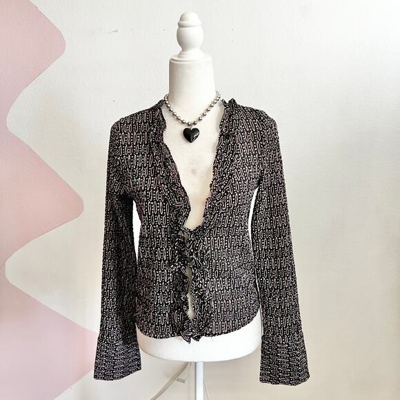 ZARA Black Ruffle Tie Front Top Romantic Boho Coquette Indie Sleaze Small - Picture 1 of 6